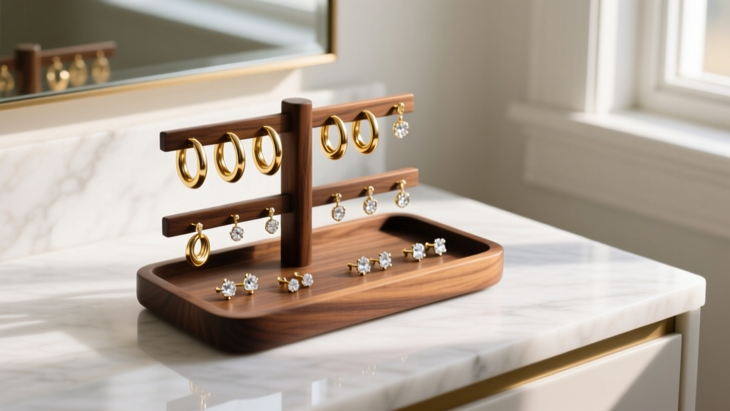 Walnut earring organizer on a marble vanity, displaying 14k gold hoops and diamond studs bathed in soft, diffused morning light.