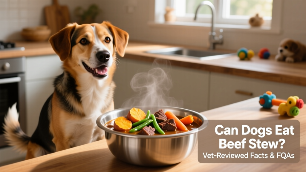A happy, medium-sized dog sitting beside a stainless steel bowl filled with warm, colorful beef stew—sweet potato, carrots, green beans, and tender beef visible