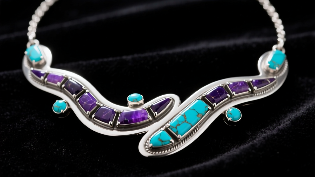 Close-up of a sterling silver Calvin Begay necklace featuring intricate sugilite and turquoise channel inlay against dark velvet