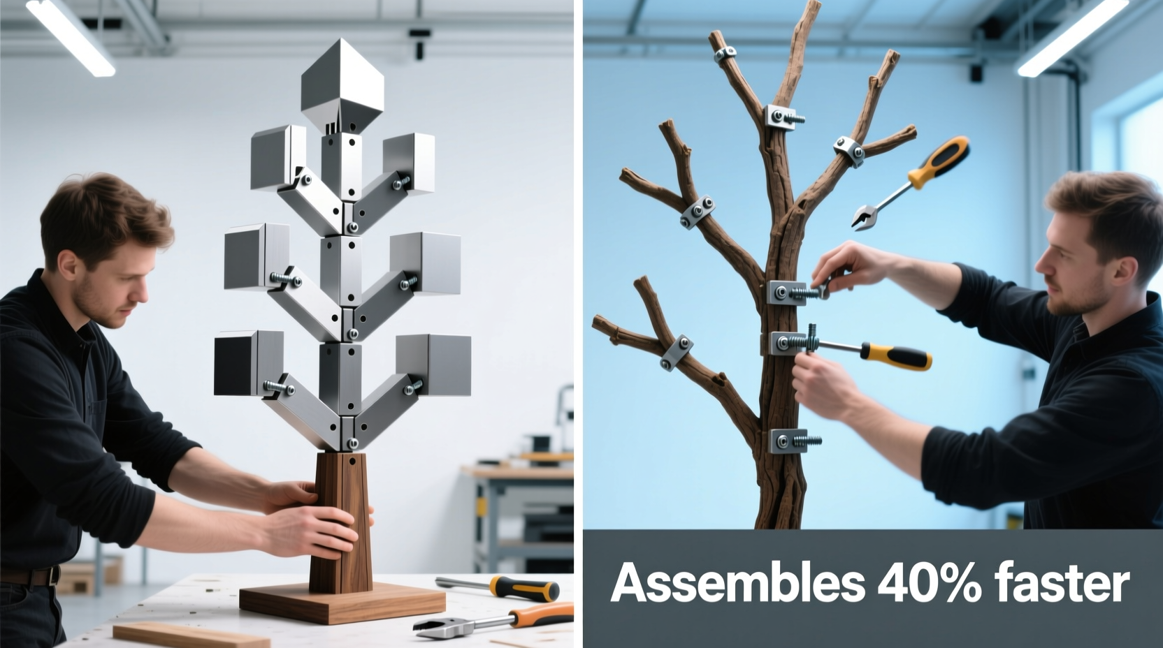modular tree design vs traditional hinged branches which assembles faster with two people