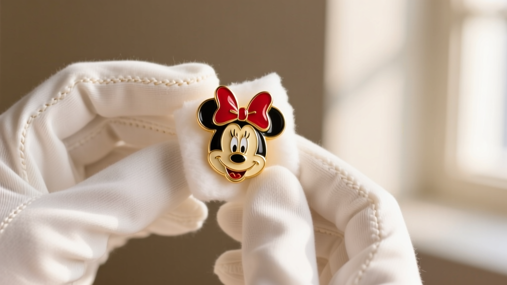 Hands wearing white cotton gloves gently wiping a gold and red enamel Minnie Mouse bow earring with a soft damp cotton swab.