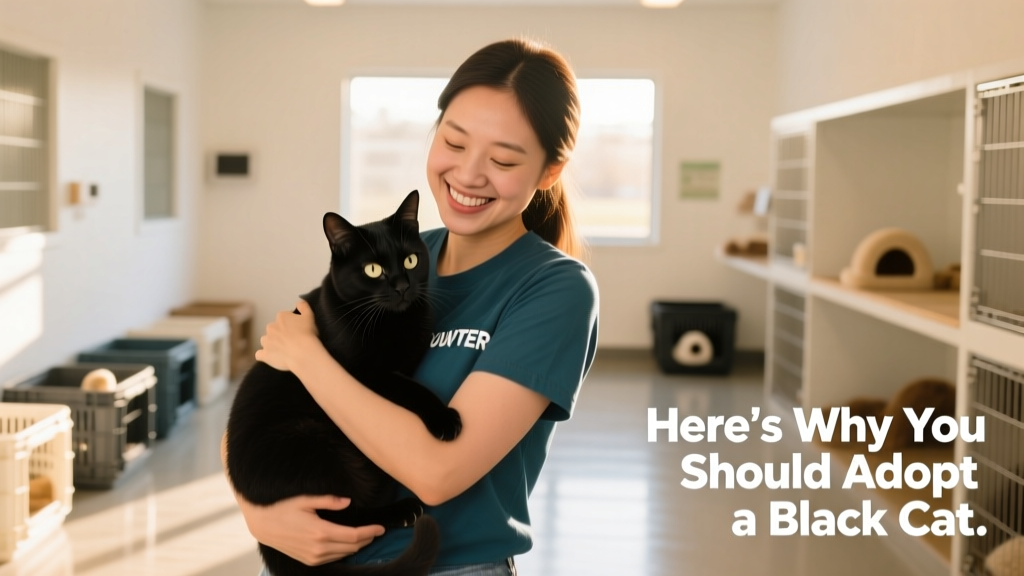 Smiling volunteer gently holding a relaxed black cat at a clean, well-lit animal shelter