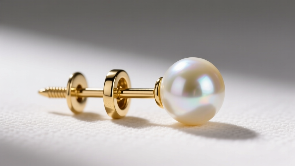 Close-up of an 18-gauge gold earring post with a secure screw-back clutch beside a perfectly round AAA Akoya pearl.