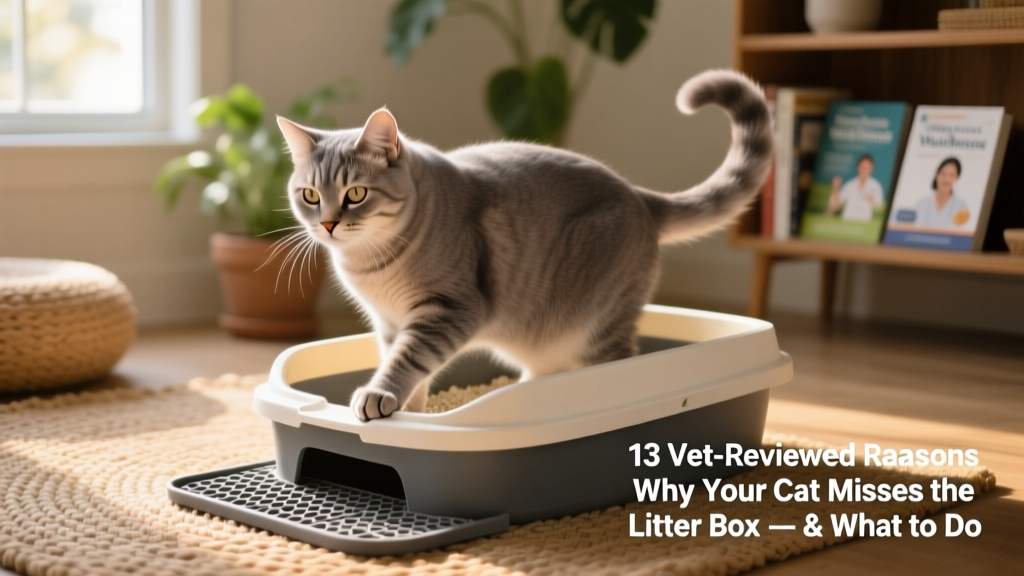 Senior cat comfortably using a low-entry litter box with non-slip mat and soft lighting