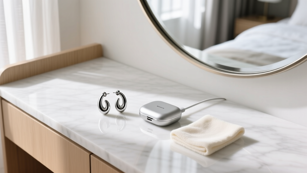 Flat lay of sonic earrings next to a magnetic induction charging case and a polishing cloth in a bright, modern vanity setting