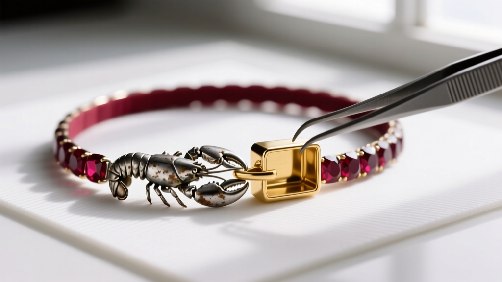Close-up of a tarnished lobster clasp on a ruby choker being replaced with a 14k gold box clasp using fine tweezers on a work mat