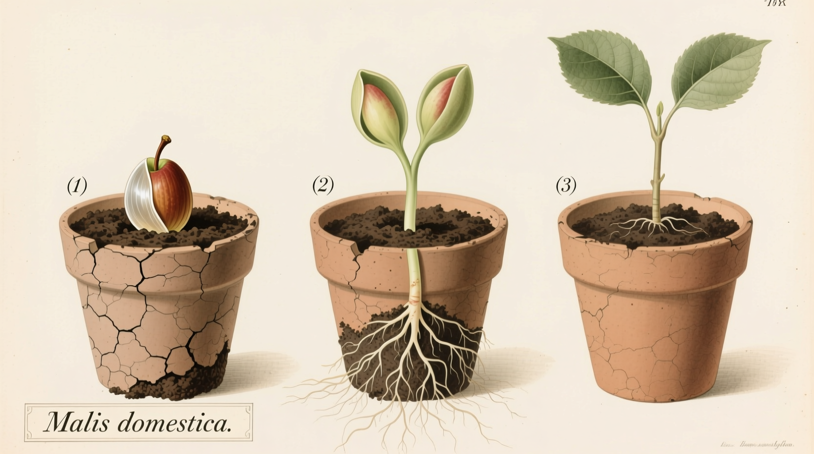 Apple seed germination process in small pots