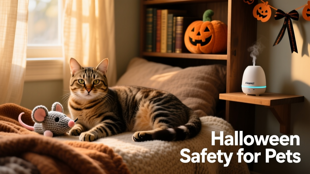 A relaxed cat resting in a softly lit, cozy den with blankets, a favorite toy, and a nearby Adaptil diffuser