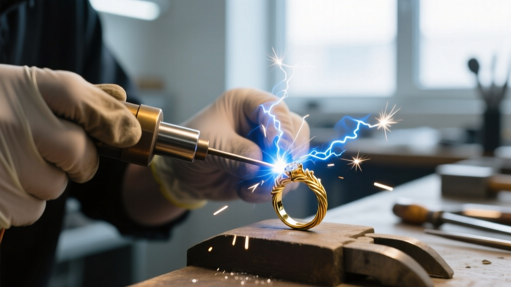 Jeweler using a pulse arc welder to add gold wire to a shattered ring, argon gas flowing and a bright blue spark clearly visible.