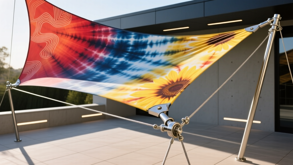 Close-up of a custom tie-dyed polyester architectural shade sail being tensioned over a modern commercial patio with steel cable hardware