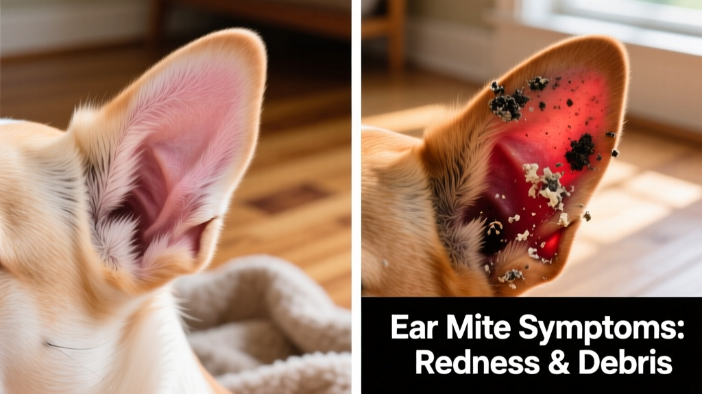 Side-by-side comparison of a healthy dog ear and an ear affected by mites, showing redness and debris