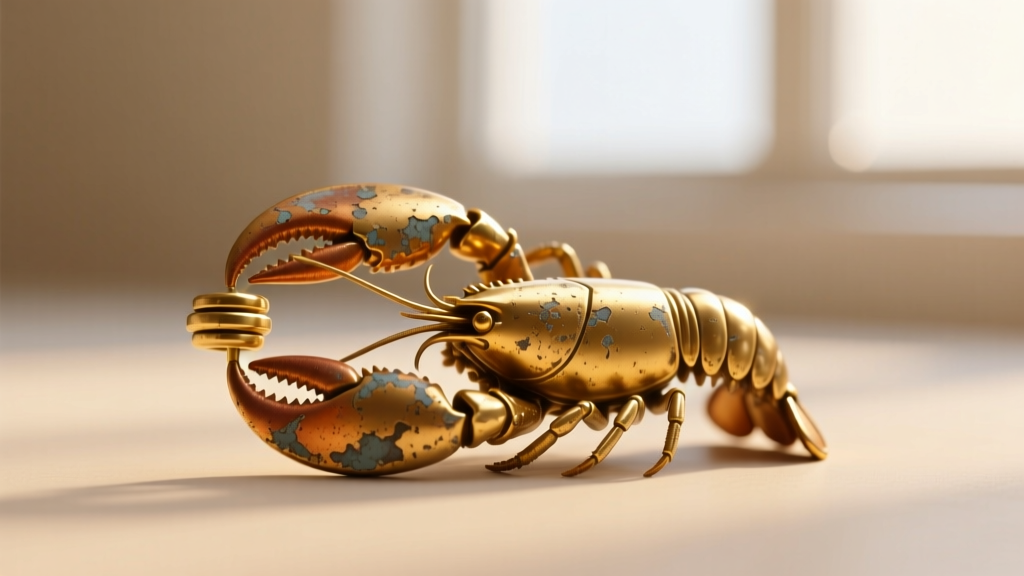 Macro shot of a worn gold-plated lobster clasp with peeling finish revealing base brass against a soft blurred neutral background