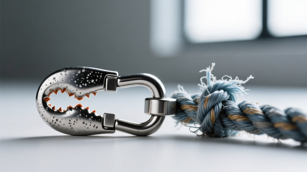 Macro shot of a 316L stainless steel lobster clasp showing minor salt corrosion from sweat next to a frayed nylon gym rope
