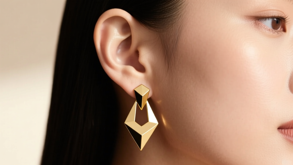 Close-up of a female ear wearing 18k gold geometric drop earrings with a matte finish, soft studio lighting, neutral background.