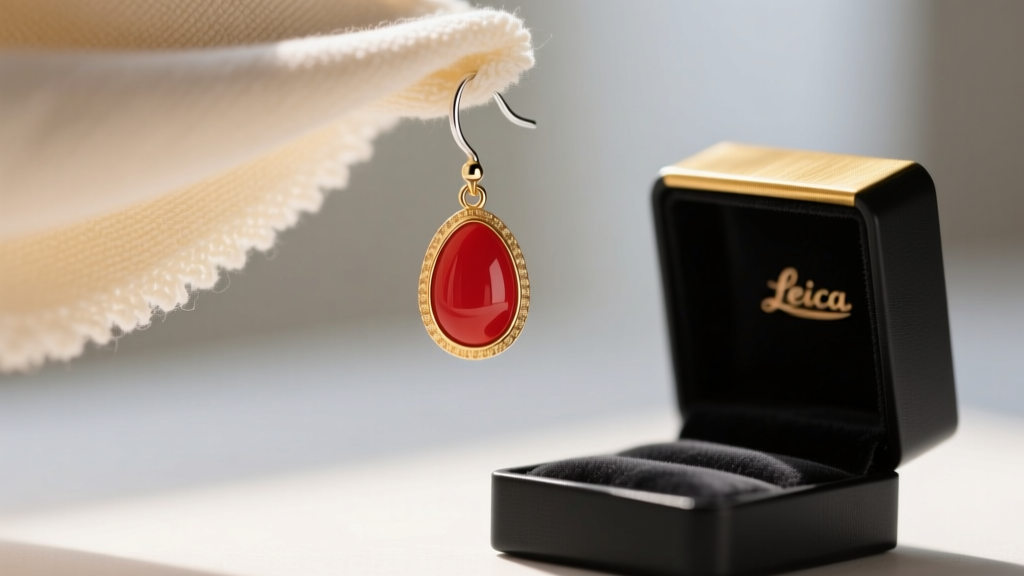 Soft microfiber cloth gently wiping a delicate 14k gold and red coral drop earring, with an anti-tarnish jewelry box nearby.