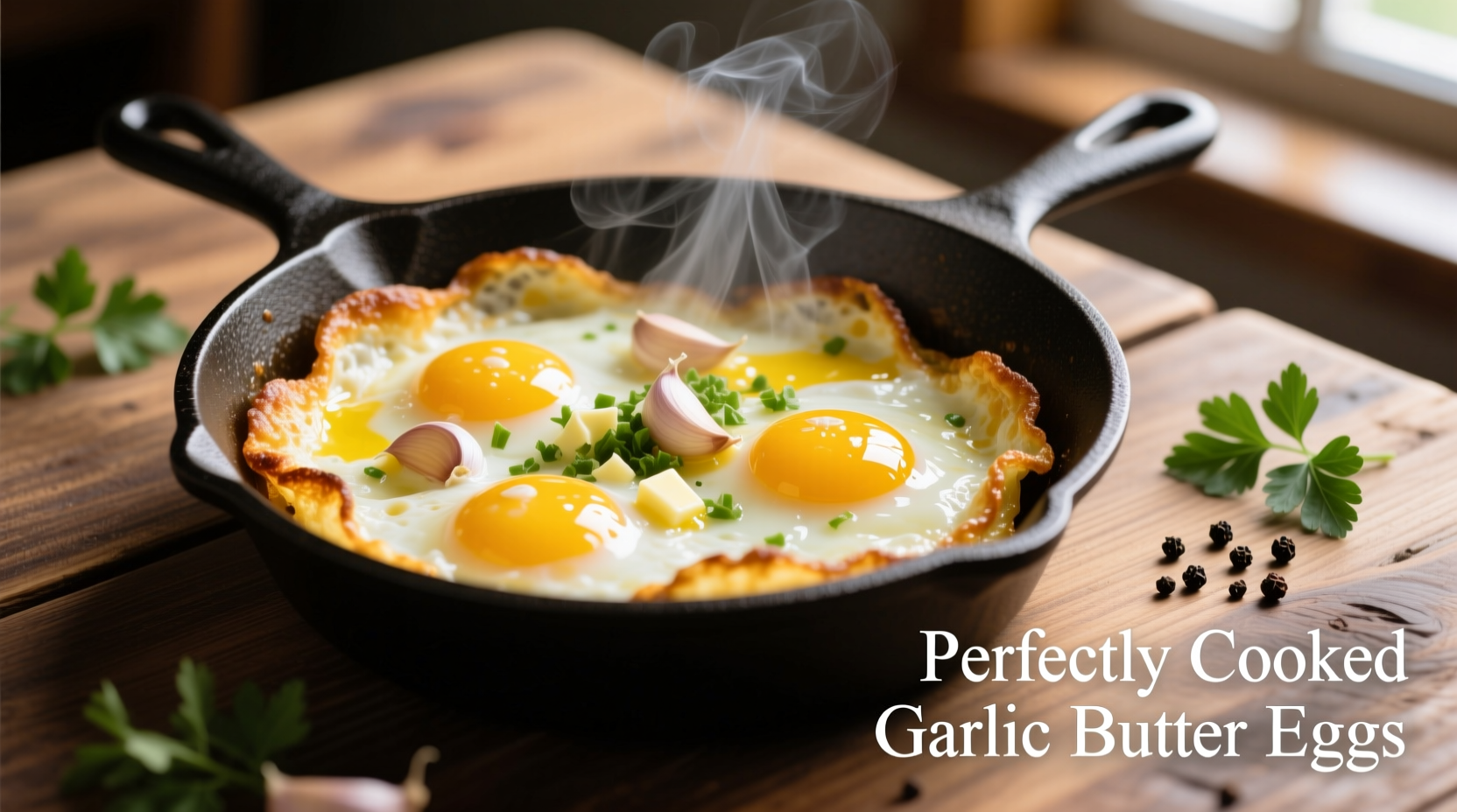 Perfectly cooked garlic butter eggs in skillet