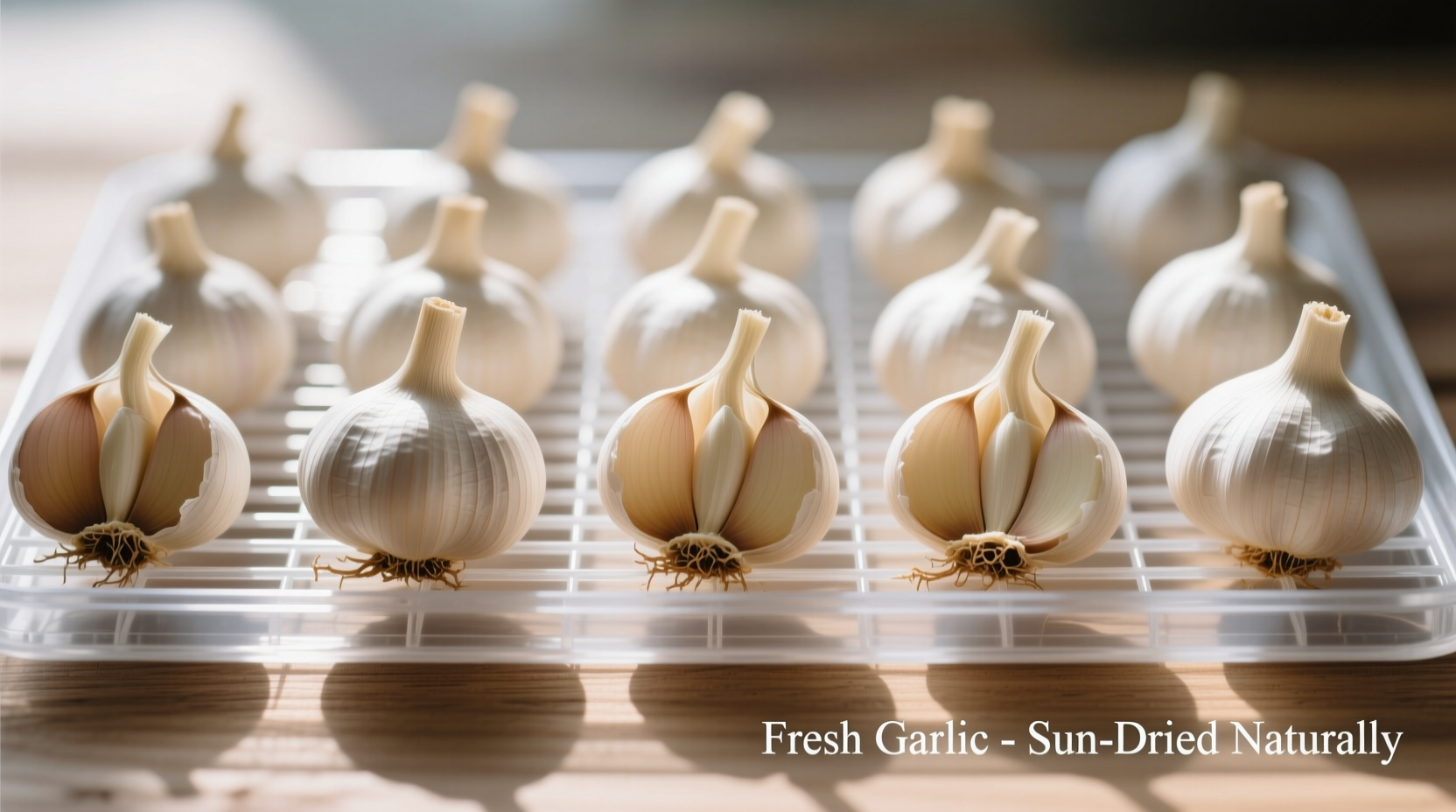 Fresh garlic cloves drying on dehydrator trays