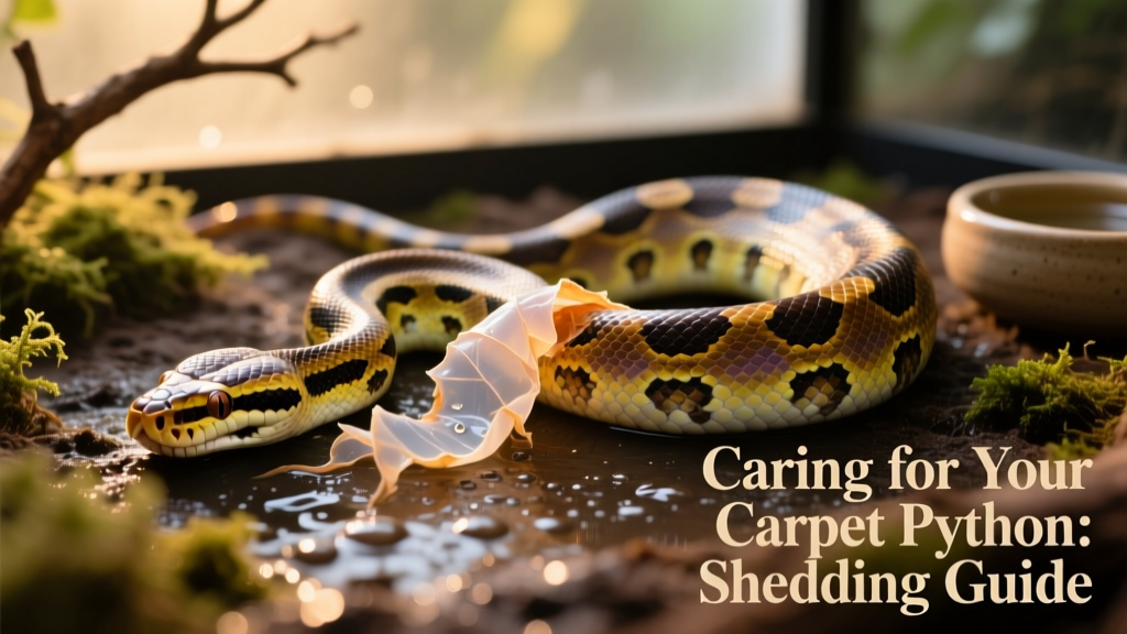 Carpet python mid-shed, with old skin peeling cleanly from head to tail on a moist hide background