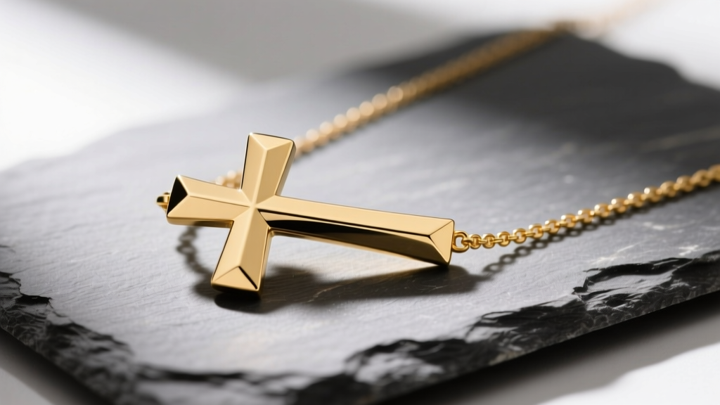 Close-up of a 14k yellow gold sideways cross necklace on slate, showing the horizontal bail and beveled edges.