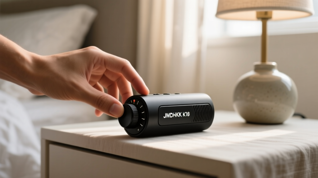 Close-up of hands adjusting the sensitivity dial on a JMDHKK K18 anti-spy gadget while sweeping a bedroom nightstand area.