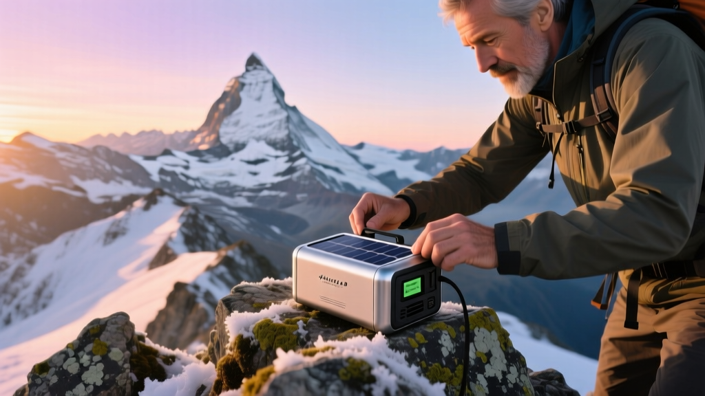 Hiker adjusting a solar-powered portable battery pack on a rocky alpine ridge at sunrise with snow-capped peaks in the background