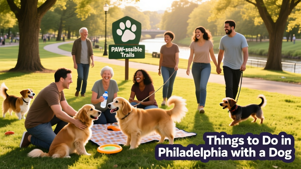 A group of pet parents with their dogs enjoying a sunny day at a lively dog-friendly park in Philadelphia.
