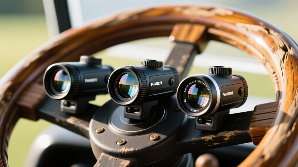Side-by-side macro shot of three budget golf rangefinders resting on a wooden golf cart steering wheel, highlighting their optical lenses.