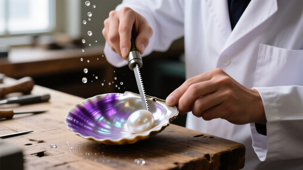 Jeweler using a water-fed diamond saw to cut a curved scallop shape from a raw piece of purple pearl shell on a wooden workbench