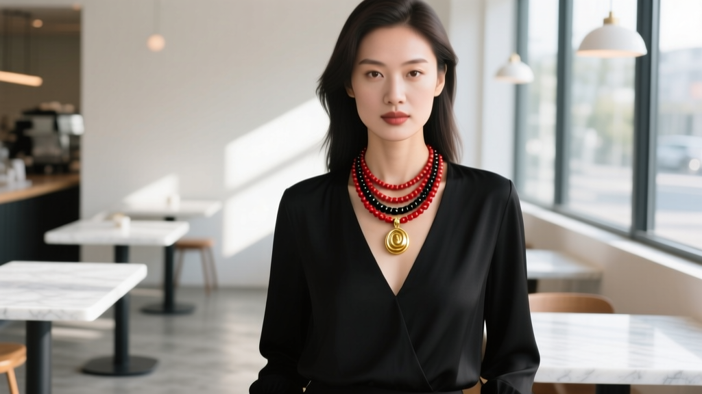 Woman wearing a layered red and black beads necklace with a gold pendant over a black V-neck blouse in a well-lit modern cafe
