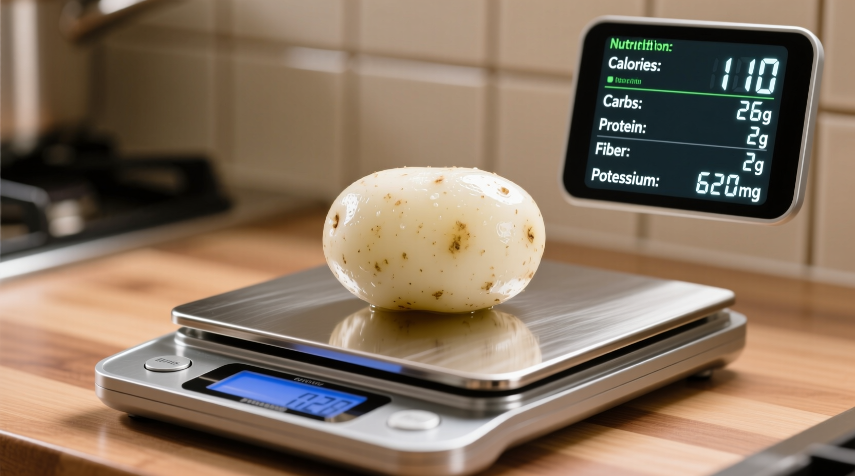 White potato nutrition facts on kitchen scale