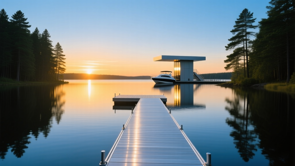 Silver aluminum dock planks extending over a calm blue lake, framed by tall pine trees and a modern boat lift at sunset.