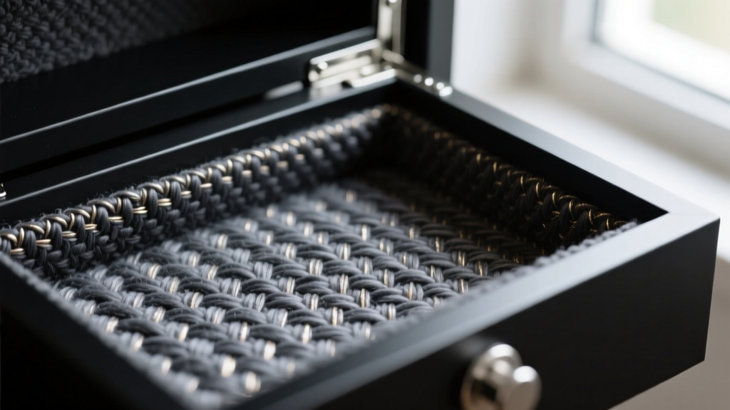 Detailed view of anti-tarnish woven fabric lining inside a heavy-duty powder-coated steel jewelry armoire, showing rich texture.