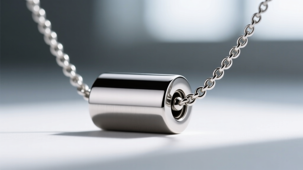 Macro photo of a polished titanium necklace with a cylindrical neodymium magnetic clasp, showing a seamless friction-fit joint