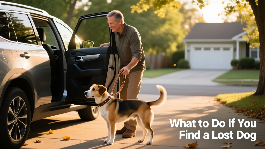 A person calmly guiding a friendly dog into the back of a SUV using a leash