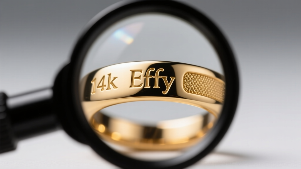 Macro photography of a jewelry loupe inspecting the 14K hallmark and Effy maker