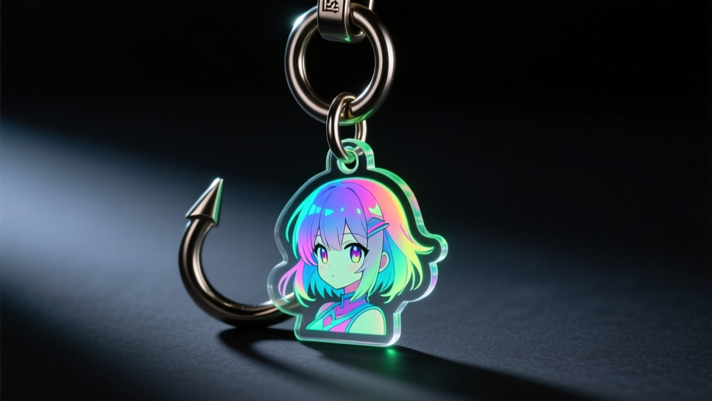 Close-up of a 14-gauge titanium hook holding a UV-reactive acrylic anime charm, lit dramatically against a dark studio background.