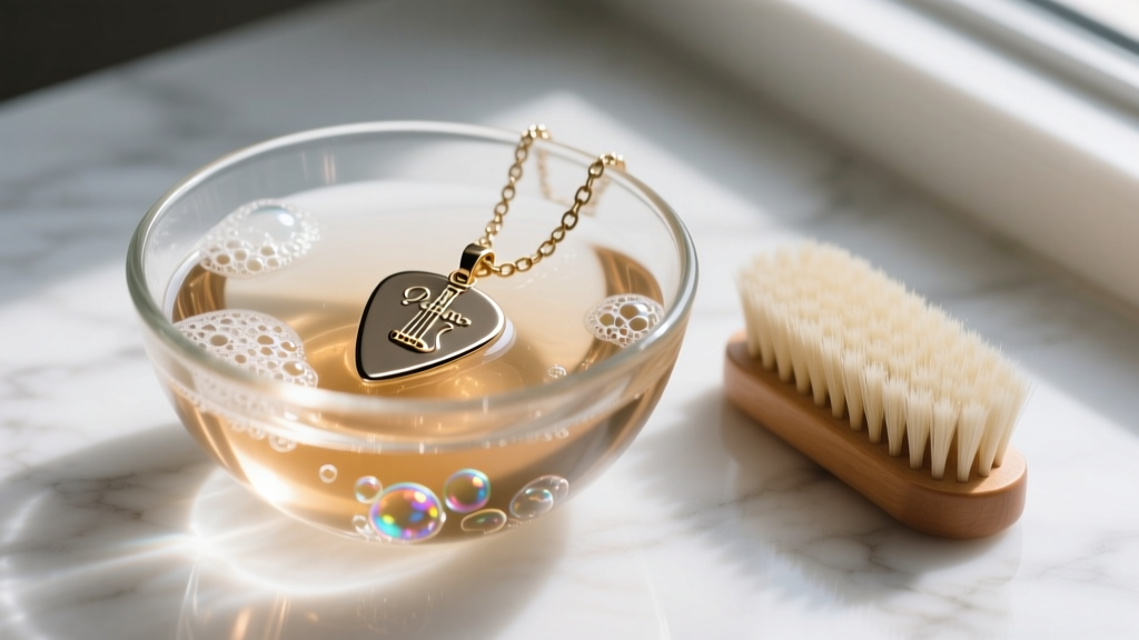 Metal guitar pick pendant and box chain soaking in a glass bowl of warm soapy water, placed beside a soft bristle brush.