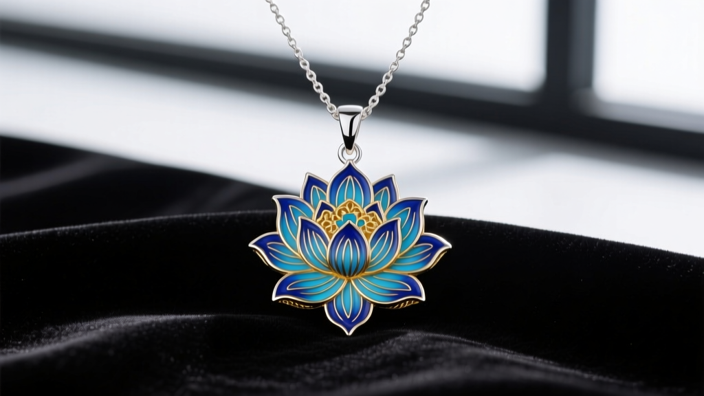 Sterling silver cloisonne necklace pendant featuring intricate cobalt blue and gold wire lotus motifs resting on dark velvet