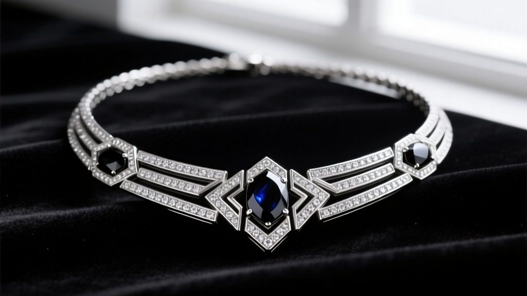 Macro photography of a platinum art deco lariat necklace featuring geometric onyx and diamond baguettes resting on black velvet