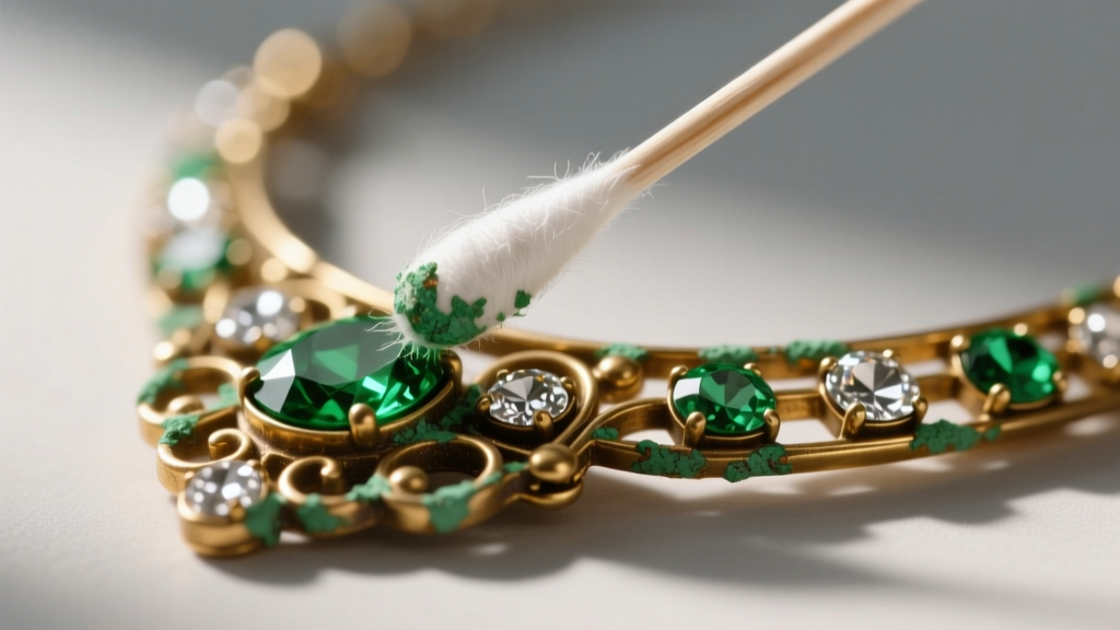 Close-up of a cotton swab gently removing green verdigris corrosion from the clasp of a brass-based vintage rhinestone necklace