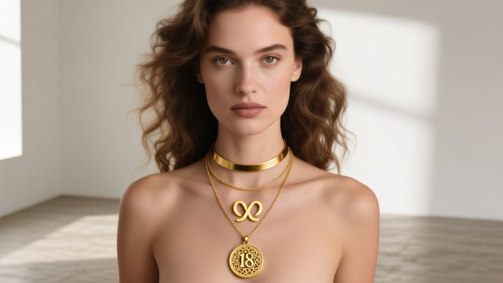 Female model wearing a layered stack with a 14-inch choker, a 16-inch 2 initial gold necklace, and an 18-inch gold coin pendant