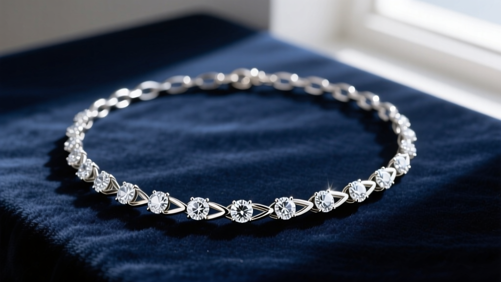Flat lay of an articulated baguette tennis necklace forming a circle on velvet, showing flexible hinged links between the diamonds