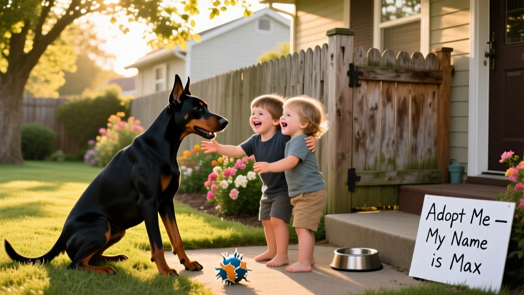 A Doberman Pinscher playing gently with children in a fenced yard, showing trust and joy