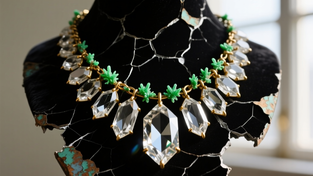 Extreme close-up of a damaged antique crystal necklace showing black oxidized foil backing and green verdigris on brass prongs.