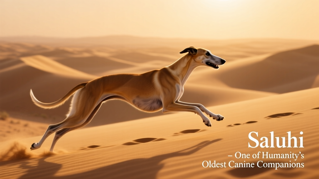 A Saluki running effortlessly across desert sand, showcasing its lean build and endurance