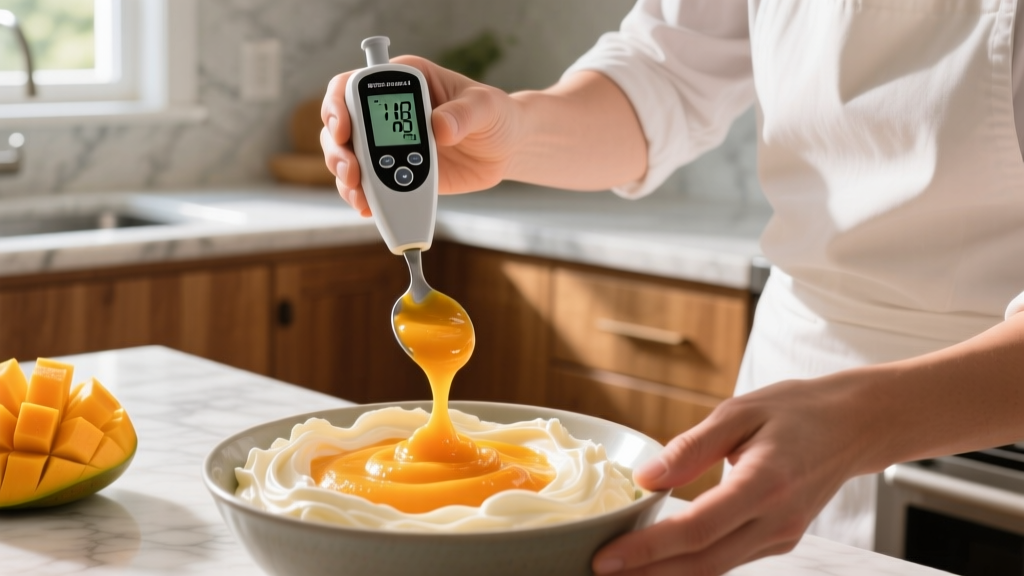 Home baker holding a digital refractometer to test the brix sugar level of pureed mango before folding it into a French buttercream frosting