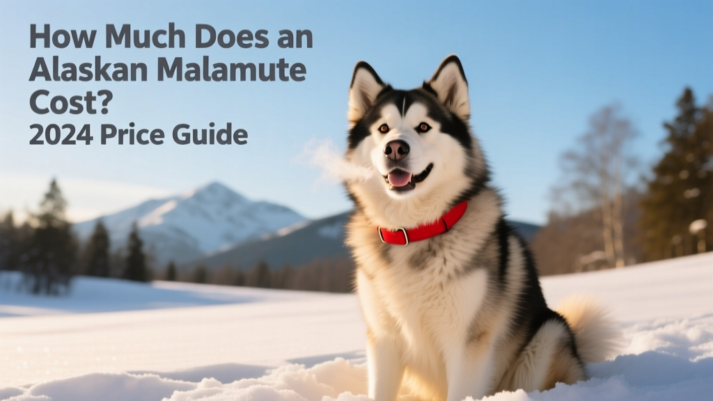 A smiling Alaskan Malamute sitting in snow with a red collar