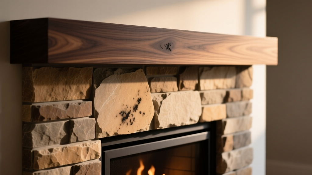 Close-up of a warm, illuminated manufactured stone veneer fireplace surround with a dark walnut mantel and subtle soot marks near the firebox