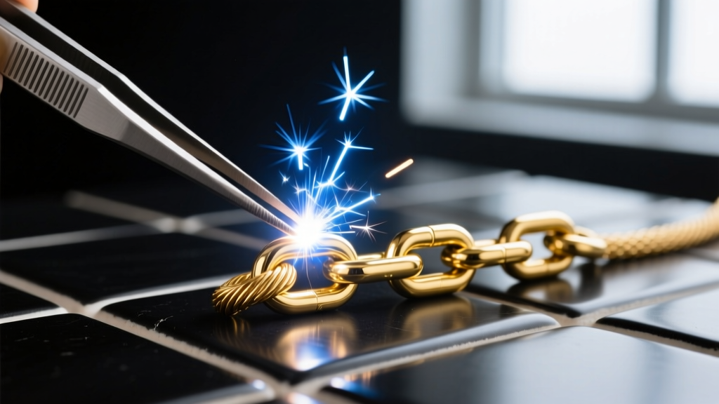 Pulse arc welder sparking on a 14k gold-filled cable chain link, held by titanium tweezers on a dark ceramic tile.