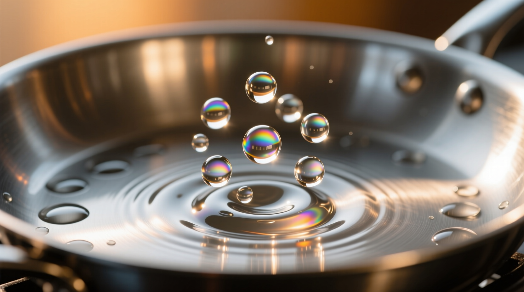 Water droplets dancing on preheated stainless steel pan